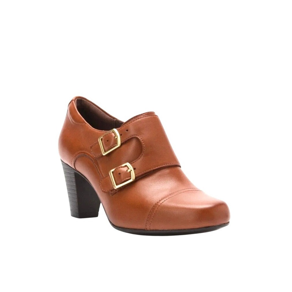 Tan Leather Monk Strap Buckle Shooties Heels Size 6M Clarks Bendables